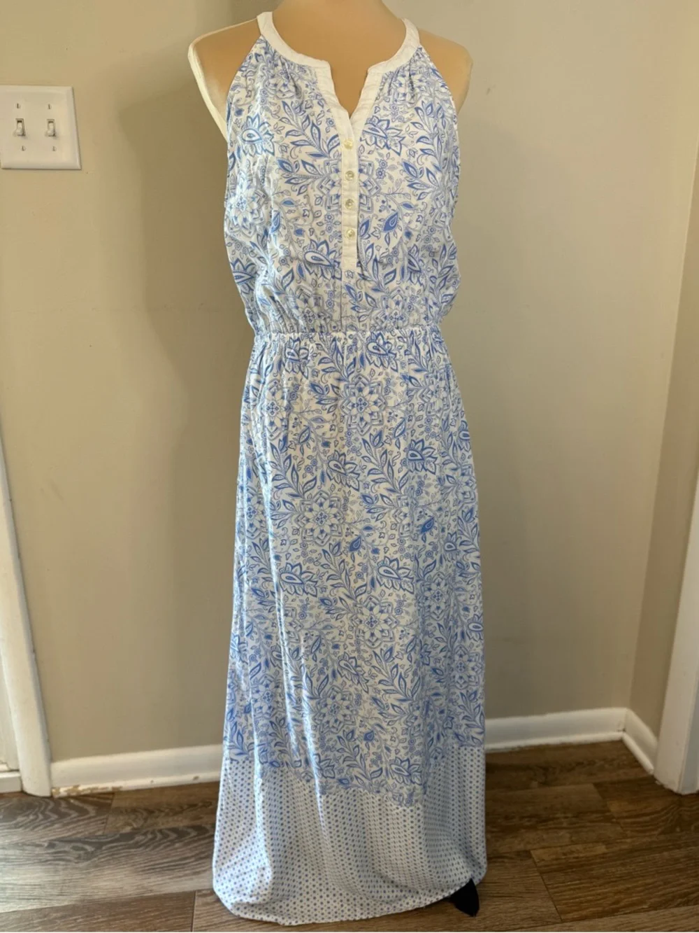 Old Navy floral paisley sleeveless maxi sundress blue & white SZ LG - Picture 1 of 14